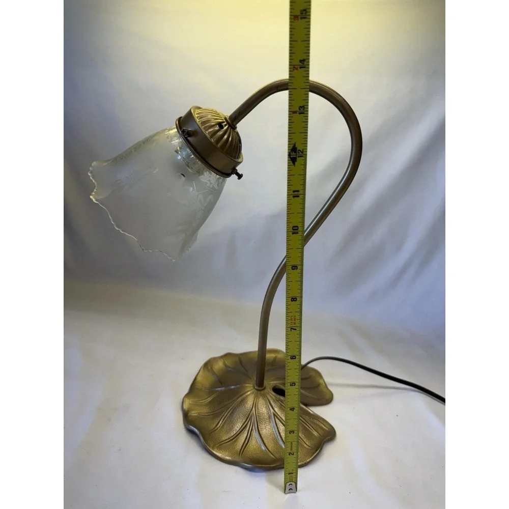 VTG Art Nouveau Brass Style Gooseneck Lily Pad Desk Lamp W/ White Frosted Shade